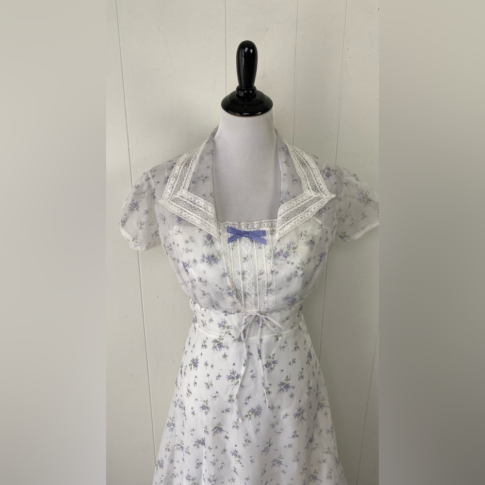 VTG 70s White Purple Chiffon Formal Dress Spaghetti Strap Bolero Lace Coverup XS - Picture 3 of 15